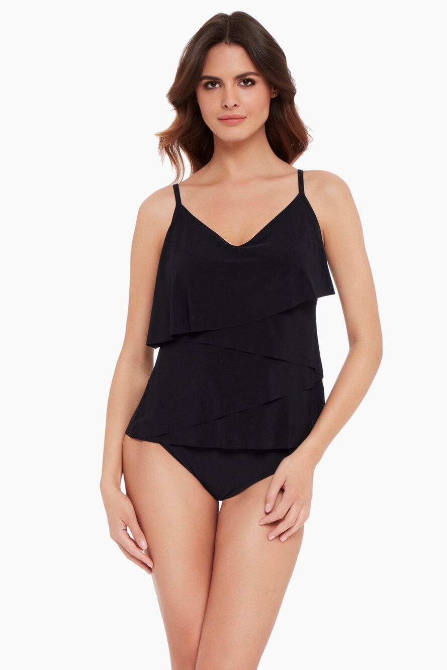 MAGICSUIT by MIRACLESUIT BLACK CHLOE TIERED TANKINI SWIMSUIT SWIM TOP Sz 12 $126